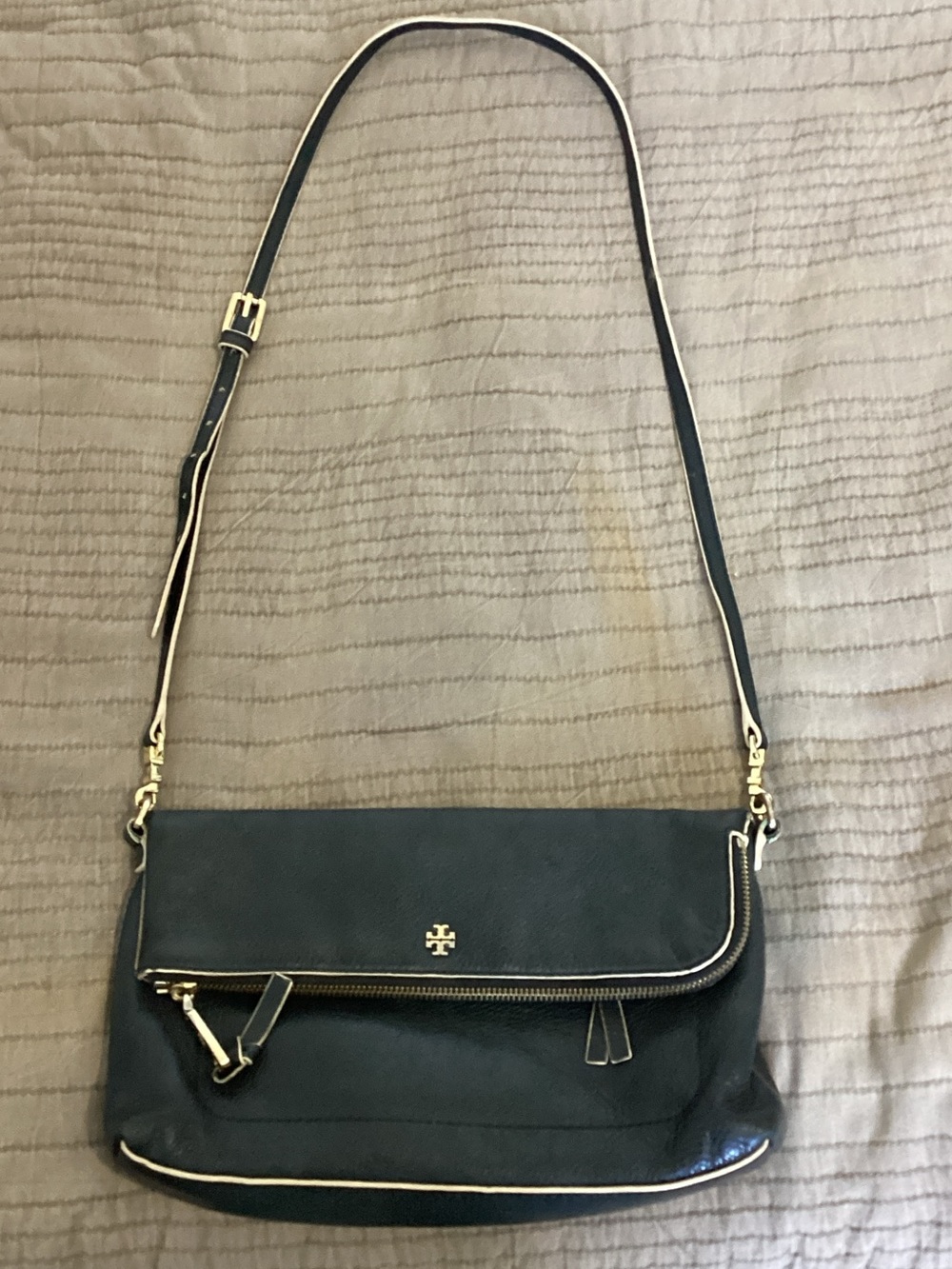 Tory Burch Black Leather Fold-Over Crossbody with Gold Trim